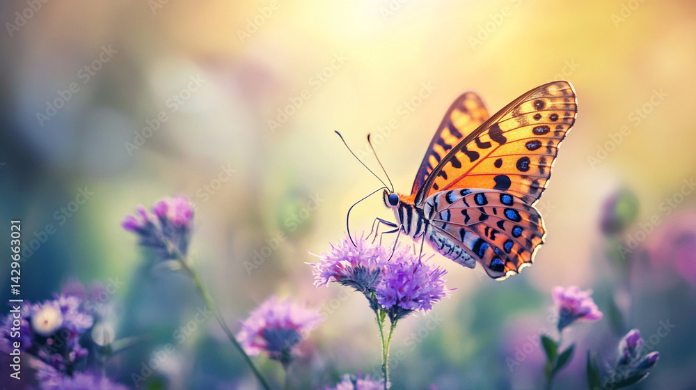 Naklejka premium butterfly on a meadow of flower summer wallpaper background.ai