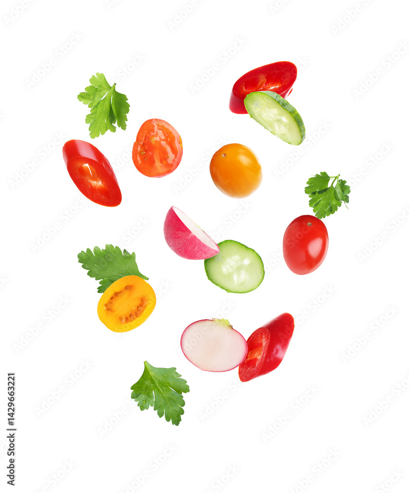 Different cut fresh vegetables falling on white background Different cut fresh vegetables falling on white background