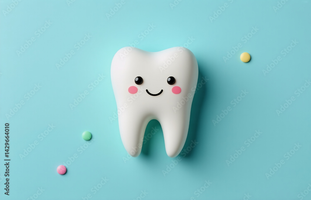 A cheerful, cartoon-like white tooth smiles against a light blue background, surrounded by pastel-colored sprinkles. It promotes oral hygiene and healthy teeth. A cheerful, cartoon-like white tooth smiles against a light blue background, surrounded by pastel-colored sprinkles. It promotes oral hygiene and healthy teeth.