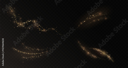 Magical golden light effect with sparkling dust and shimmering glitter. Set of realistic vector trails of gold powder on dark transparent background