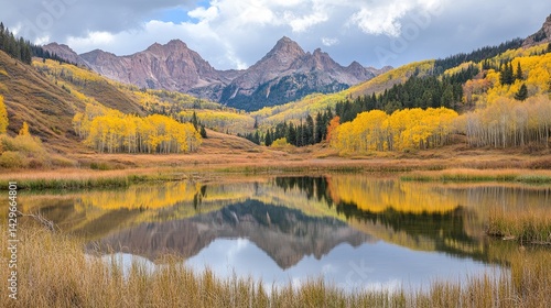 Scenic lake surrounded by vibrant autumn trees reflecting in calm water during fall