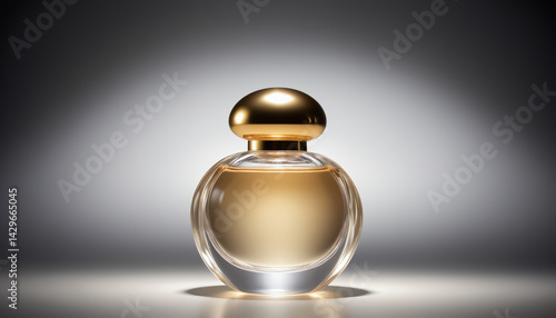 Realistic photograph of a complete perfume bottle with golden cap, isolated on white background, focused lighting
