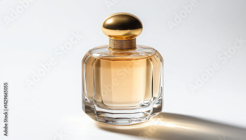 Realistic photograph of a complete perfume bottle with golden cap, isolated on white background, focused lighting