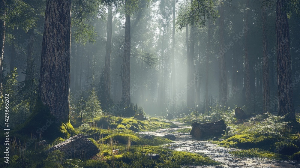 Obraz premium Serene forest with sunbeams filtering through tall pine trees, moss-covered ground, and misty air