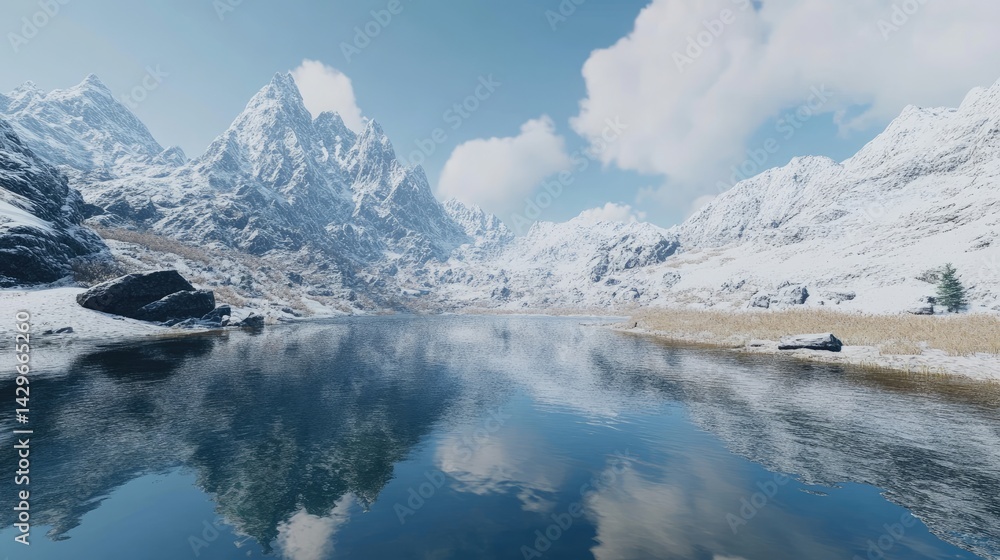 Obraz premium Serene mountain reflection in a still alpine lake, surrounded by towering peaks