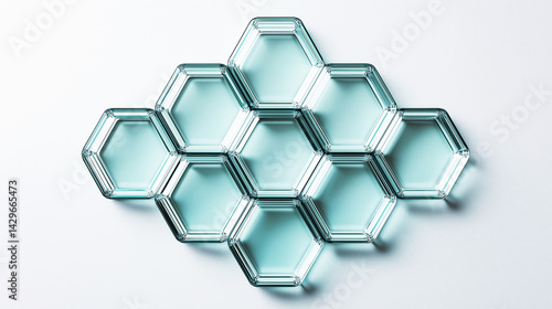 The geometric pattern of hexagonal glass tiles on a white background; and transparent tiles with light blue tint create a clean, minimalistic, modern aesthetic.