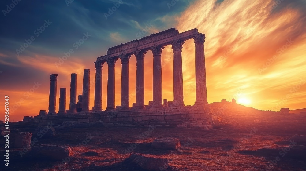 Fototapeta premium Sunset behind ancient ruins on a hill with glowing sky and shadows in stone