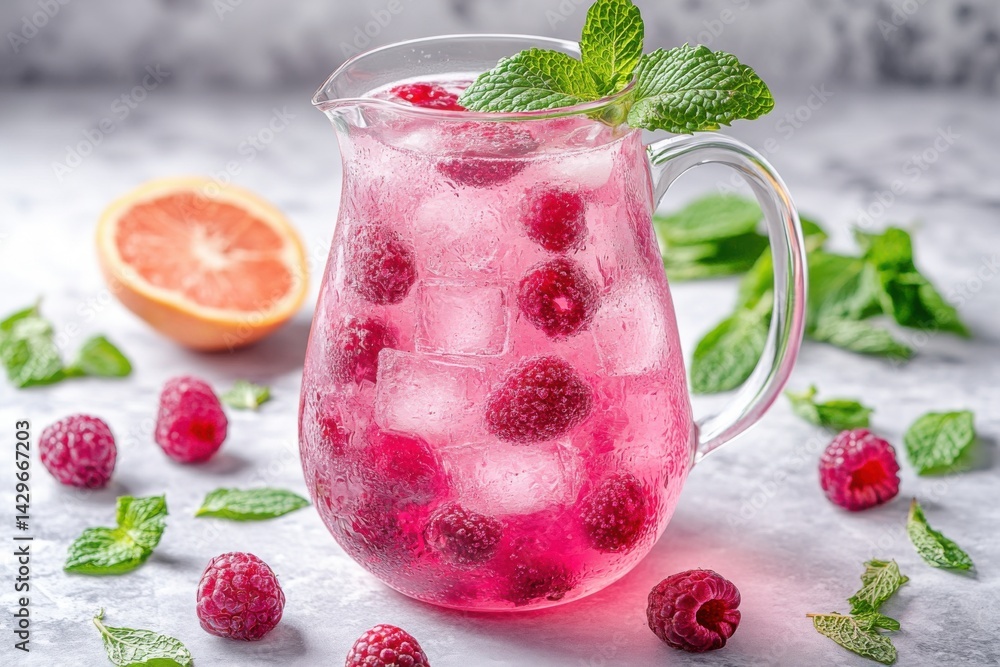 Refreshing Raspberry Mint Drink with Ice in Glass Pitcher Setting Refreshing Raspberry Mint Drink with Ice in Glass Pitcher Setting