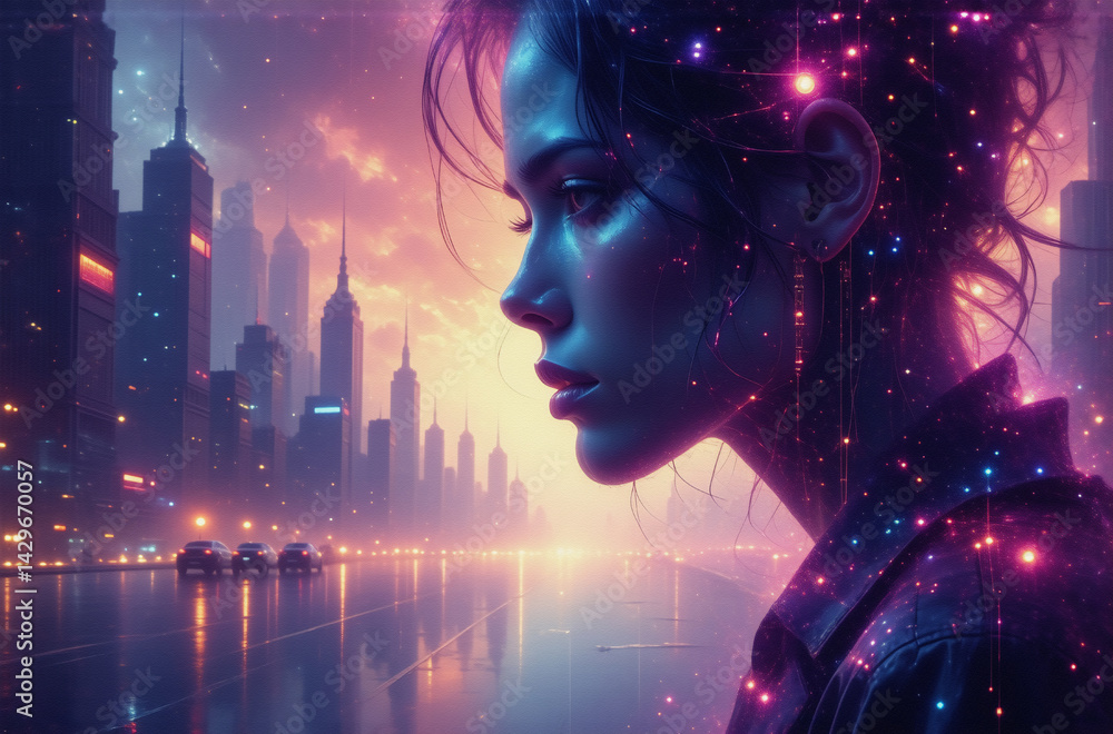 A woman's profile, glowing with cosmic dust, is set against a futuristic cityscape at sunset. Reflective water mirrors the city lights. The scene is dreamlike and evocative. A woman's profile, glowing with cosmic dust, is set against a futuristic cityscape at sunset. Reflective water mirrors the city lights. The scene is dreamlike and evocative.