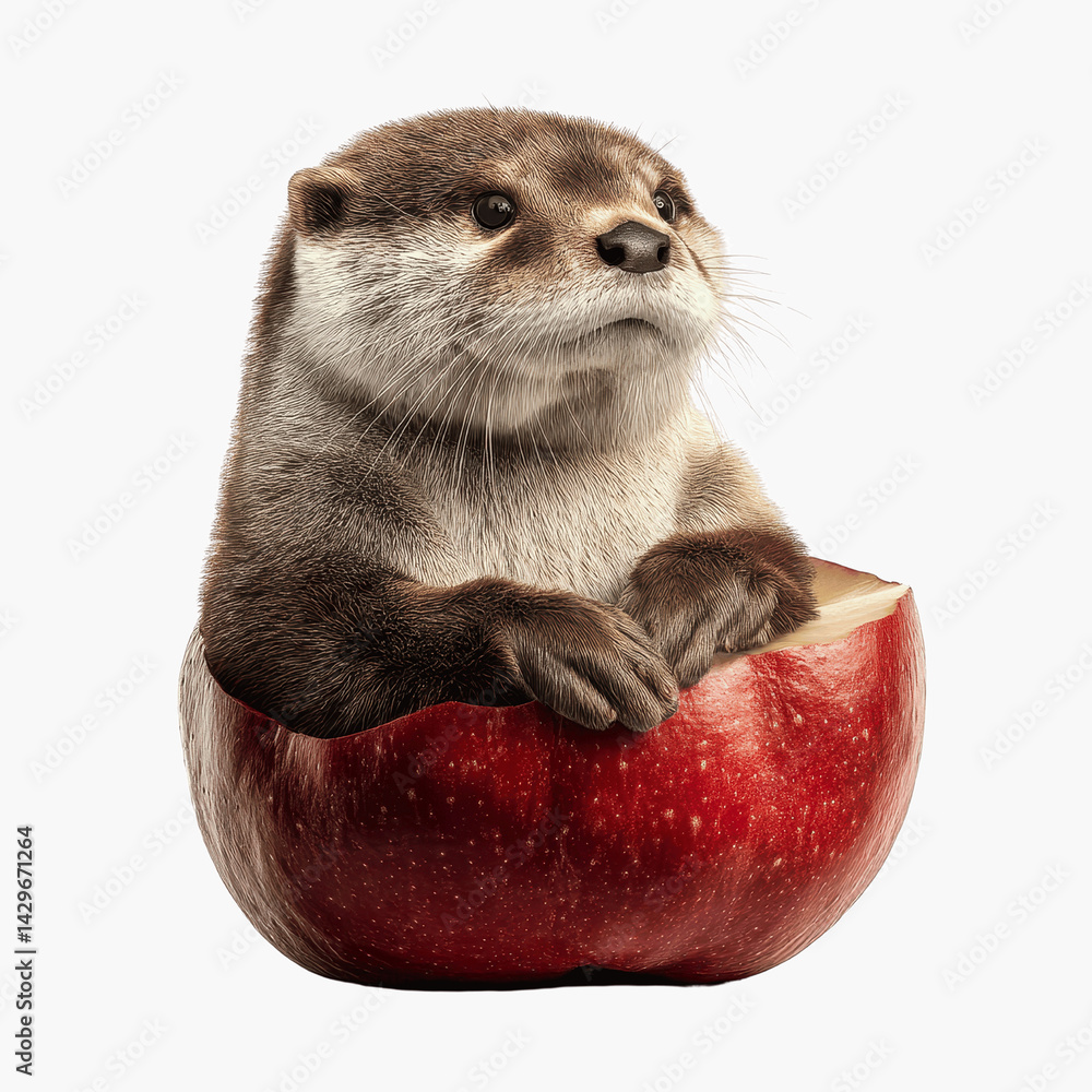Fototapeta premium Adorable Otter in a Red Apple A Whimsical Stock Image