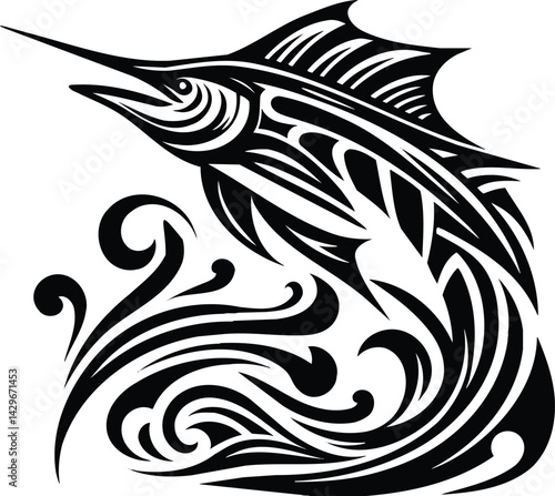 Marlin leaping silhouette with tribal art in black and white