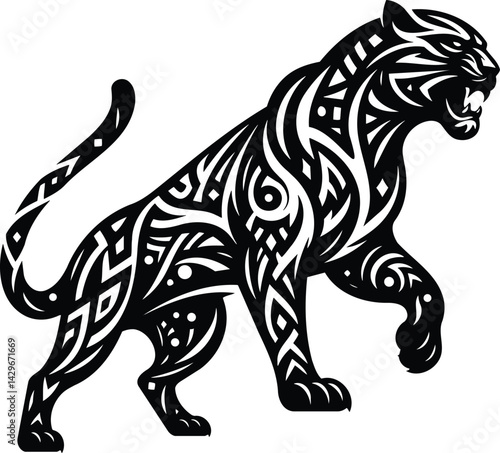 Fierce Panther Silhouette with Tribal Art