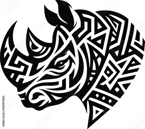 Tribal Rhino Head Silhouette with Bold Geometric Patterns