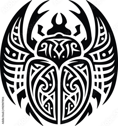 Intricate Scarab Beetle Silhouette with Tribal Art Patterns
