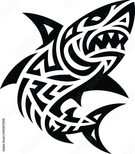 Tribal shark silhouette with geometric patterns and sharp teeth