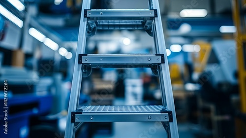 Close-up of a metal stepladder within a busy industrial workspace.