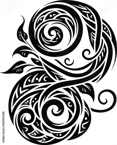 Tribal art vine tendril silhouette with geometric patterns