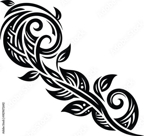 Tribal art vine tendril silhouette with intricate patterns