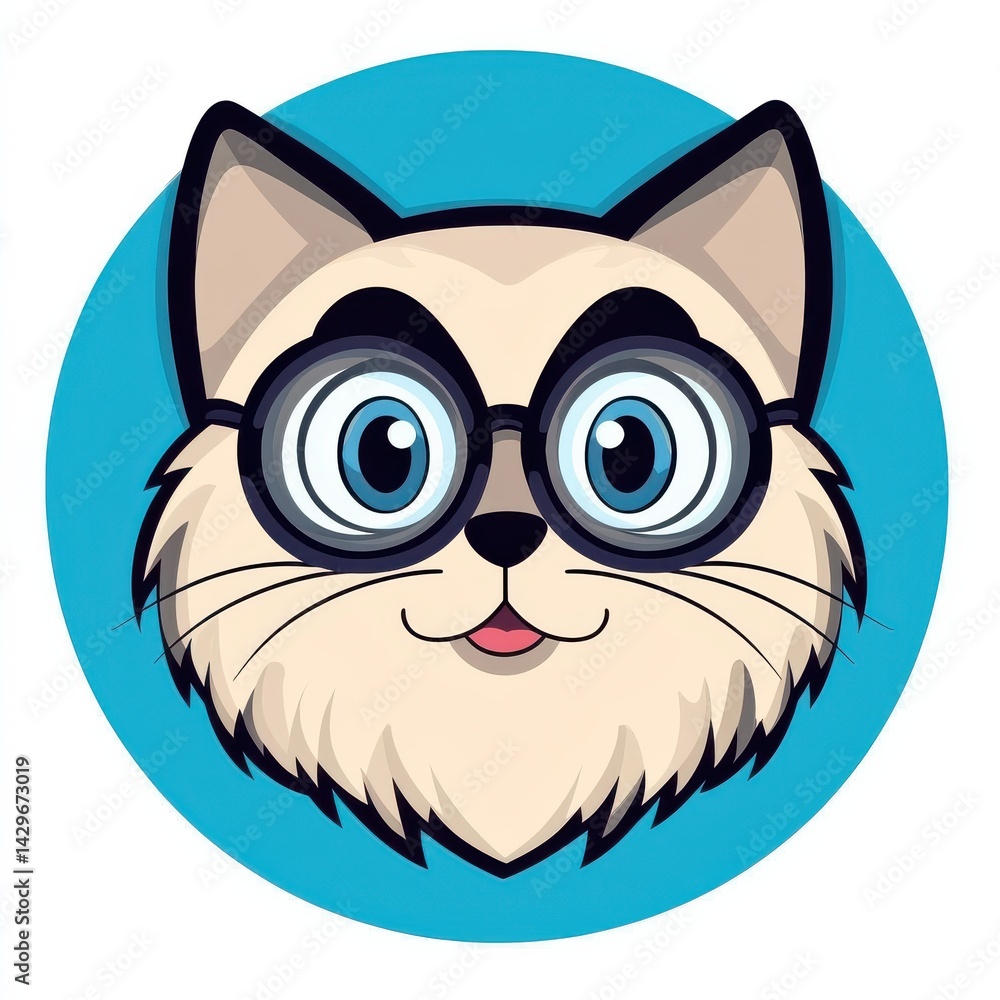 Fototapeta premium Whimsical illustration of a cat wearing black-rimmed glasses against a blue background
