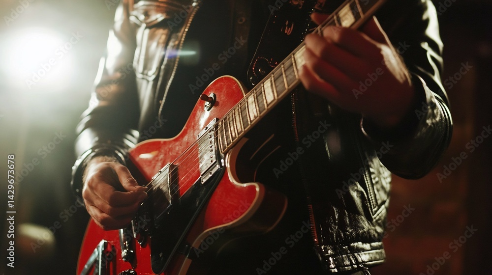 Naklejka premium Guitarist Performing on Stage Red Electric Guitar Close Up suitable for multimedia project component