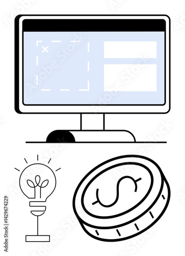 Computer monitor displaying interface design blueprint, glowing lightbulb symbolizing idea, coin representing finance. Ideal for technology, innovation, finance, startups, growth, creativity simple