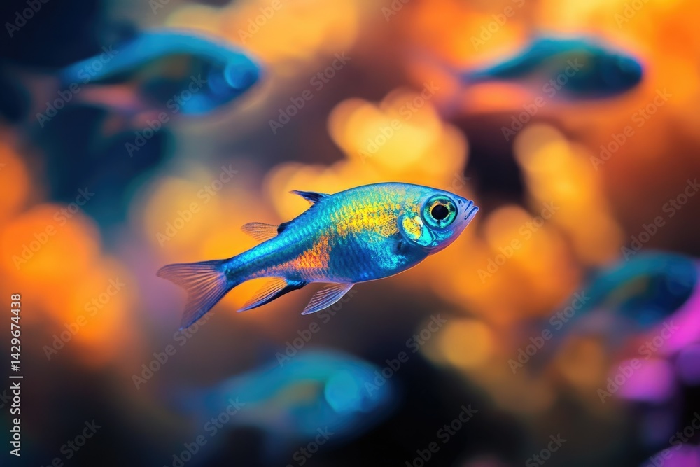 Fototapeta premium A vibrant blue fish swims in a colorful coral reef, surrounded by other fish in a blurred background.