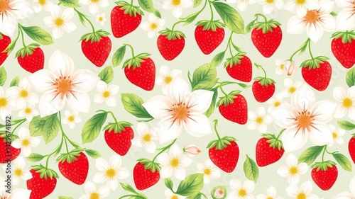 Delightful Strawberry and White Flower Seamless Pattern for Textile Design