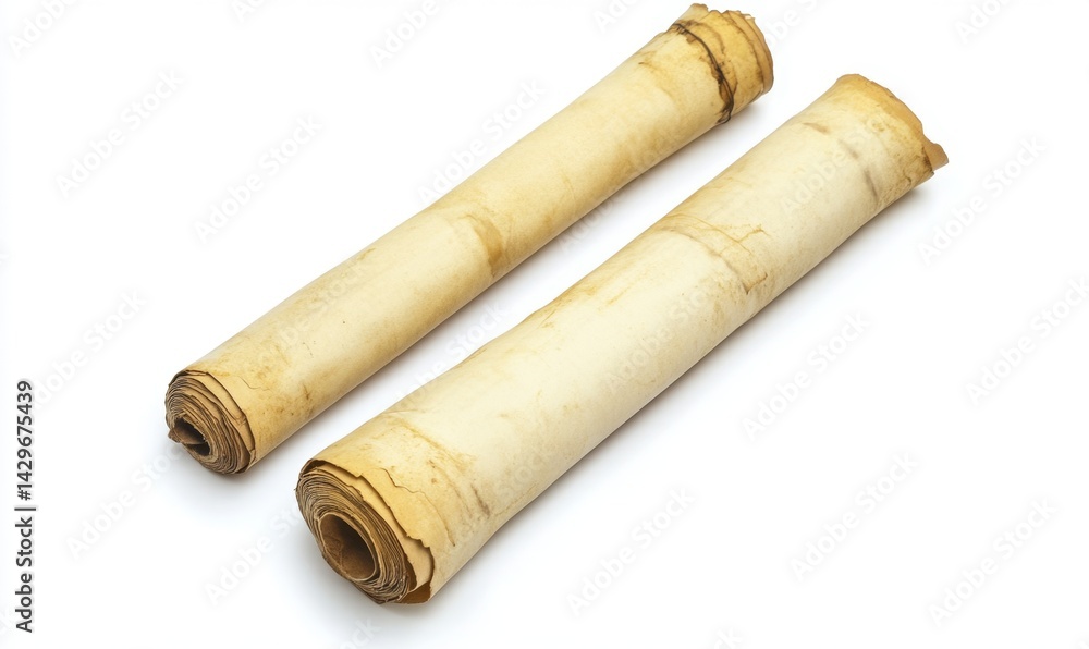 Two antique scrolls, light beige/cream color, rolled, isolated on white background. Traces of age and use are visible Two antique scrolls, light beige/cream color, rolled, isolated on white background. Traces of age and use are visible