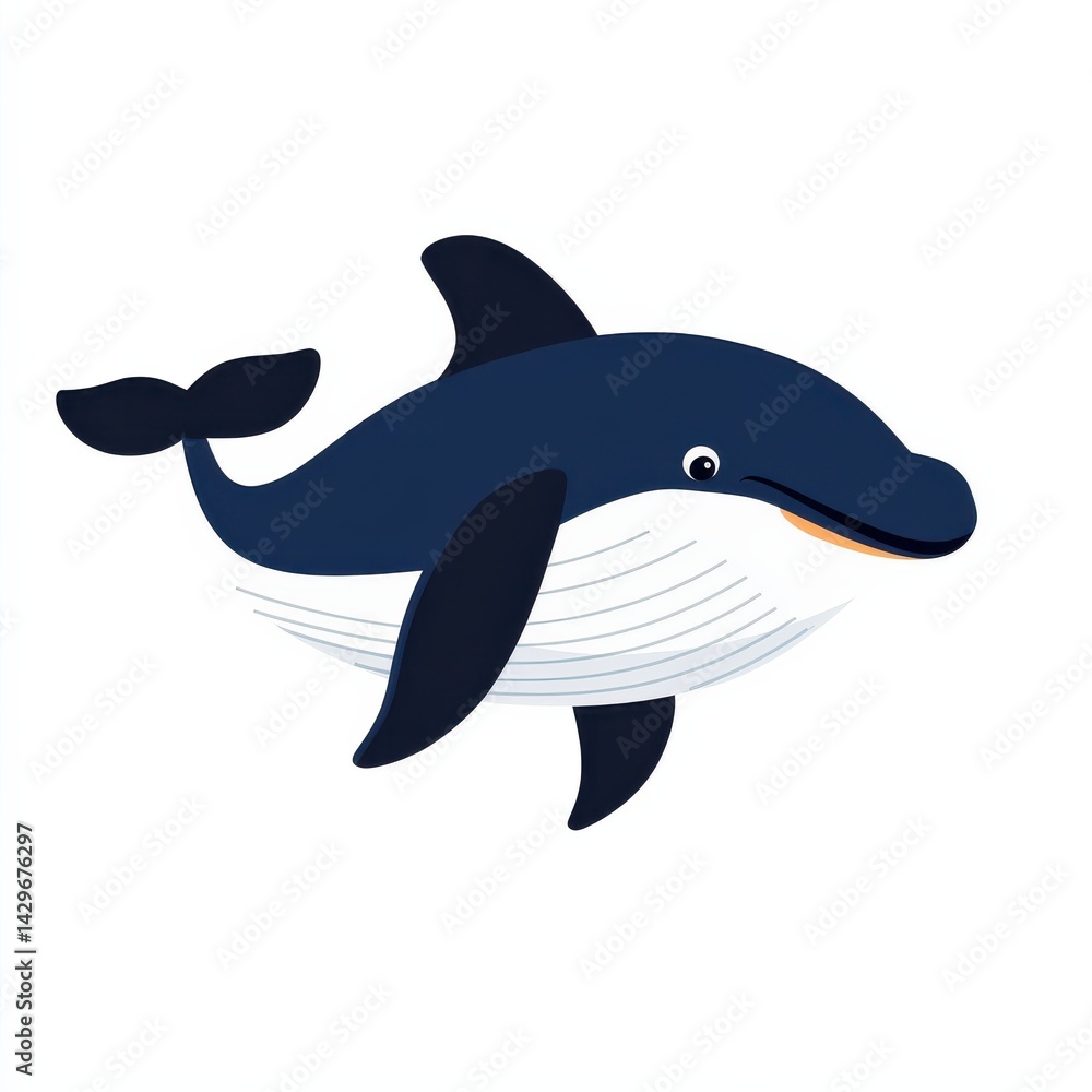 Fototapeta premium Cartoon illustration of a dark blue whale swimming in light blue water