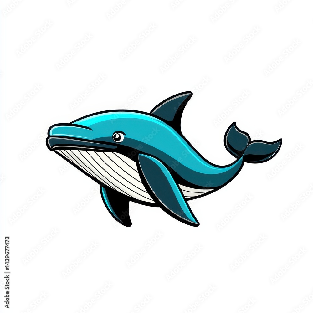 Fototapeta premium Cartoon whale swimming in water with blue body and white background