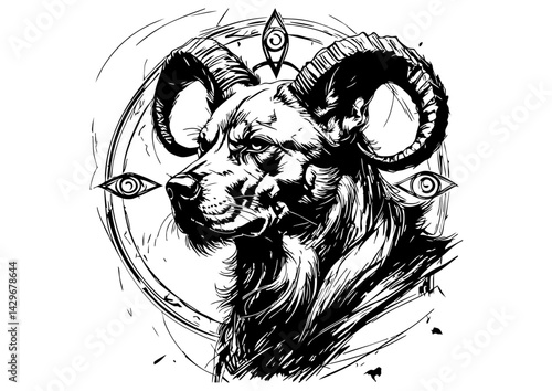 Mythical Horned Beast Head in Black Ink with Rune Circle – Fantasy Tattoo Style Illustration