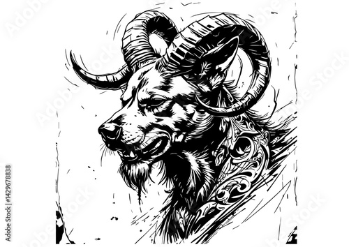 Mythical Horned Beast Head in Black Ink with Rune Circle – Fantasy Tattoo Style Illustration