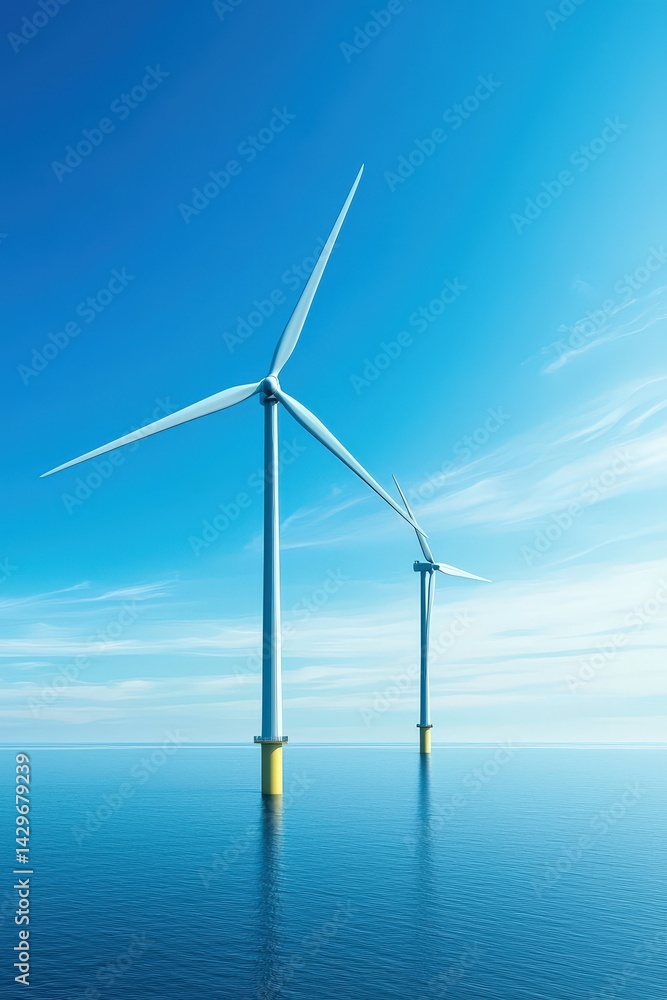 Fototapeta premium Two wind turbines are standing in the ocean, with the ocean water below them
