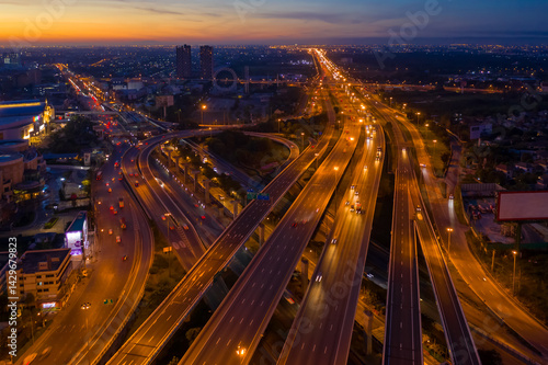 Canvastavla Aerial top view of transportation with Expressway, Road and Roundabout, multilevel junction traffic highway-Top view
