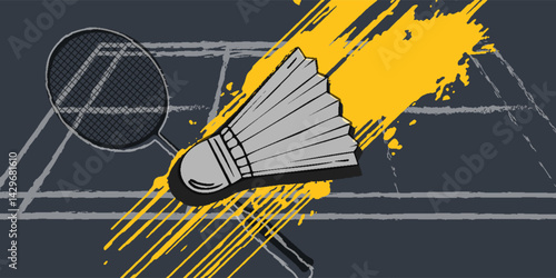 Badminton racket with white badminton shuttlecock background, badminton court indoor badminton sports wallpaper with copy space