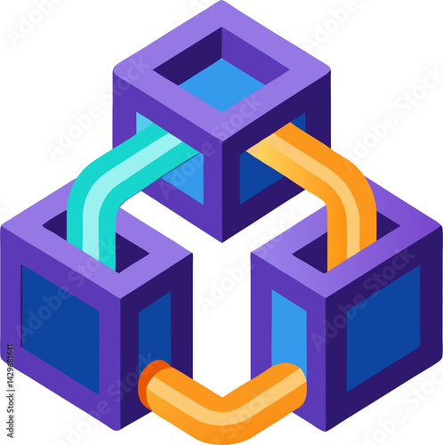 A colorful, isometric illustration of interconnected purple cubes with flowing teal and orange pathways linking them.