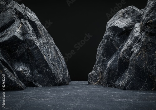 Dark, rugged rocks frame a smooth, dark platform