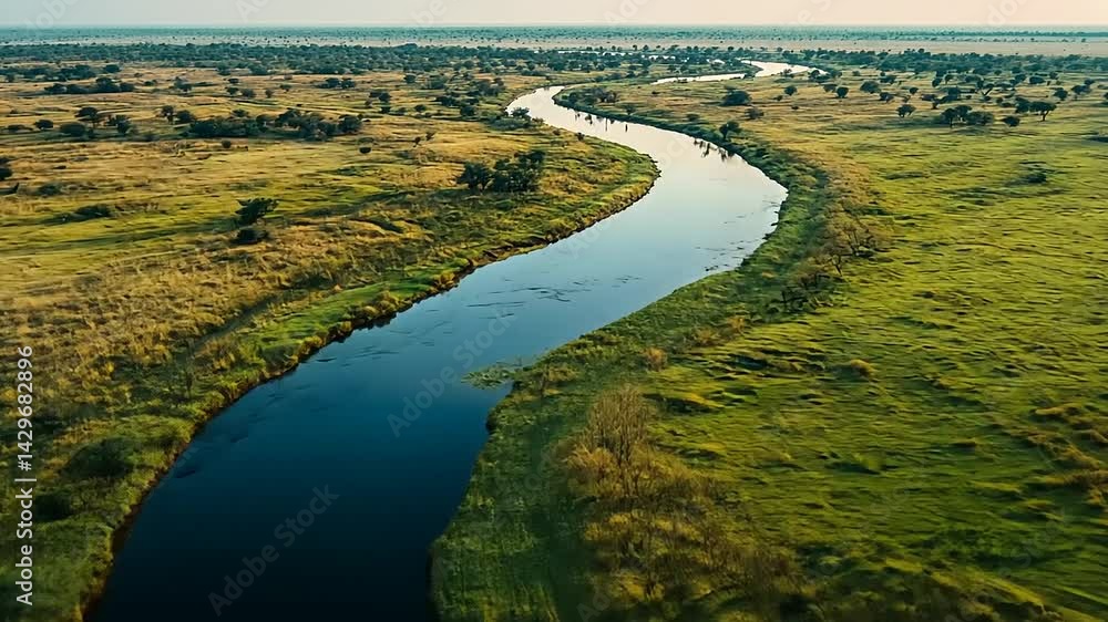Serene aerial view of a winding river through lush green plains under a clear sky Serene aerial view of a winding river through lush green plains under a clear sky