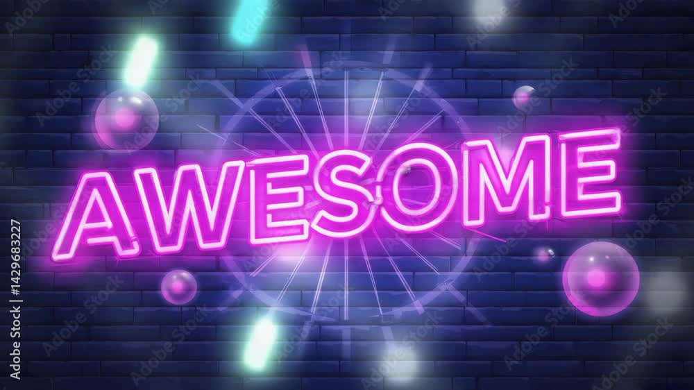Neon 'AWESOME' Text with Glowing Pink Effect Against Dark Brick Wall. Representing Vibrant Energy and Modern Style. Awesome neon text animation 4k video.