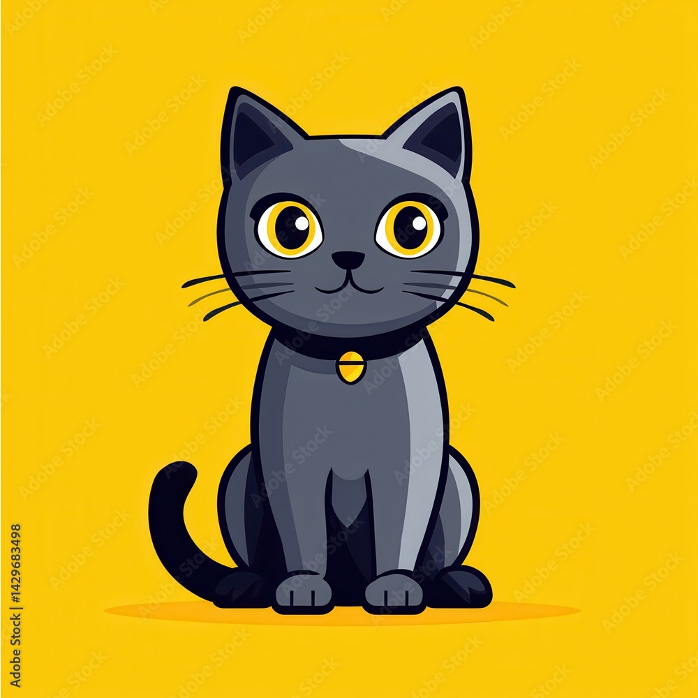 Obraz premium Cartoon illustration of a gray cat with yellow eyes and a black collar with a yellow bell