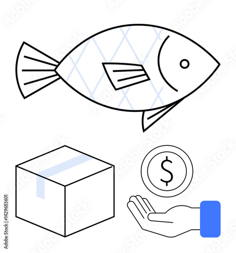Fish as a product with a delivery box, hand holding a dollar coin. Ideal for payment, shopping, e-commerce, seafood industry, logistics, trade, and a simple landing page