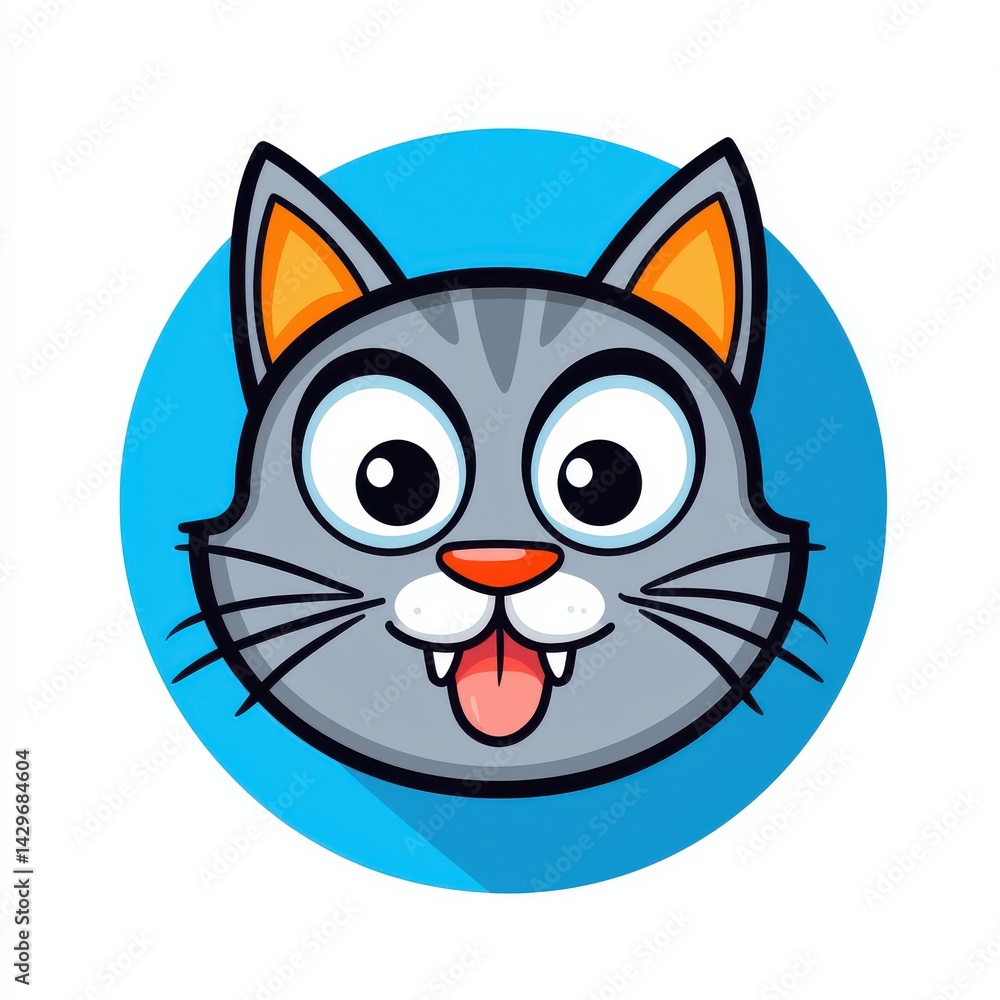 Fototapeta premium Cartoon cat face with gray fur, orange ears, and pink tongue in a circular frame