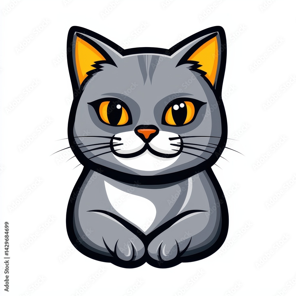 Cartoon illustration of a gray cat with orange eyes sitting upright Cartoon illustration of a gray cat with orange eyes sitting upright