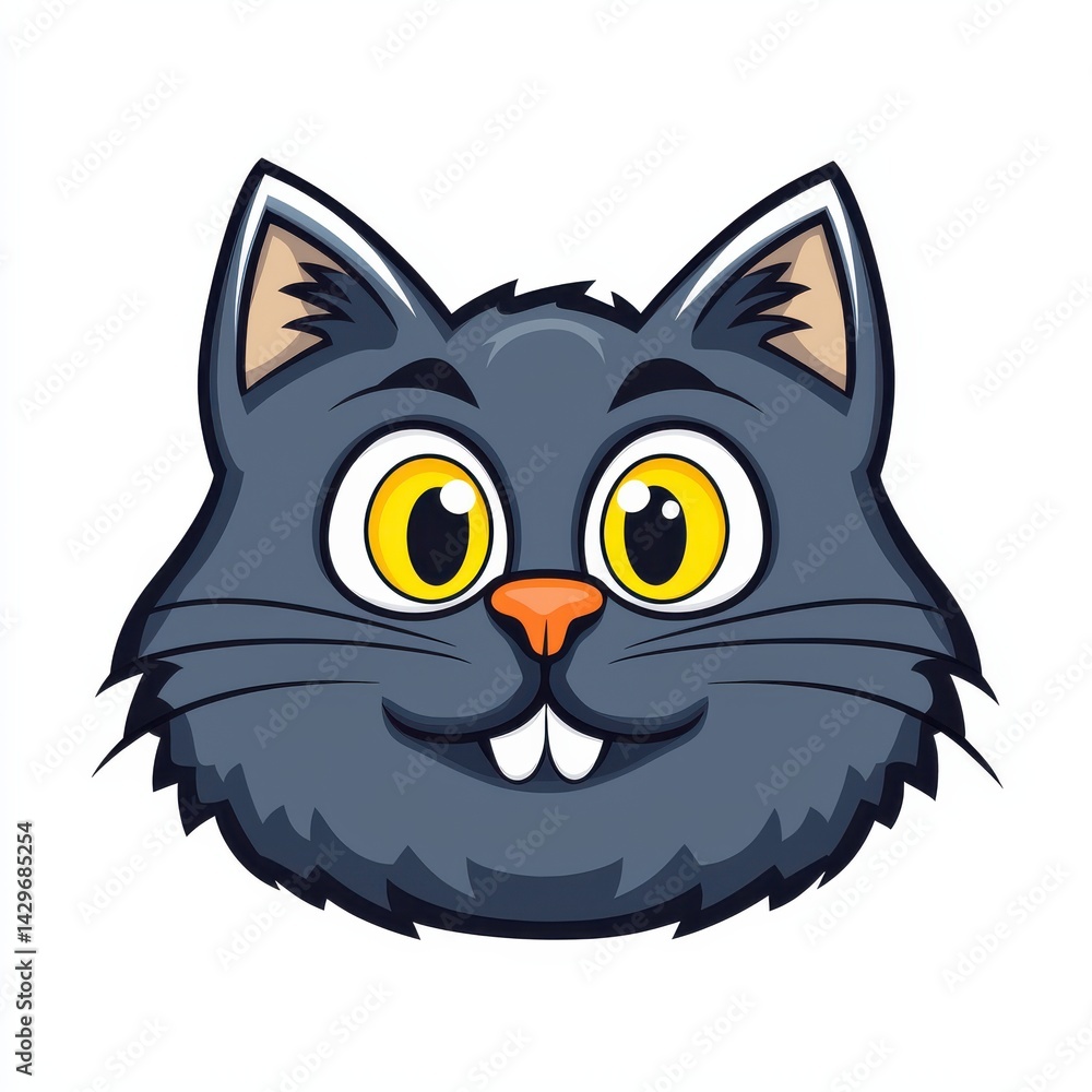 Cartoon illustration of a gray cat with large yellow eyes and white teeth Cartoon illustration of a gray cat with large yellow eyes and white teeth