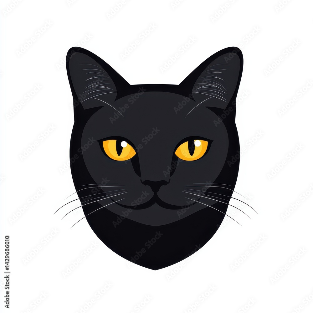 Illustration of a black cat with large yellow-orange eyes and pointed ears Illustration of a black cat with large yellow-orange eyes and pointed ears