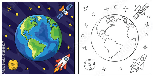 Earth Coloring Page Colored Illustration.