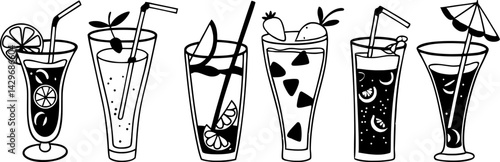 Line art illustration of various cocktails and drinks with straws and garnishes.
