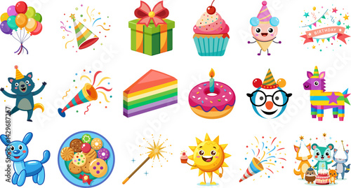 Colorful cartoon icons representing a birthday party celebration, including cake, balloons, gifts, party hats, confetti, and candles. Ideal for invitations, stickers, cards, and festive designs.