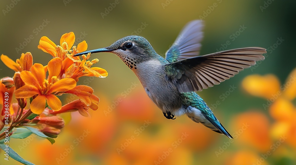 Fototapeta premium A peaceful scene of a hummingbird sipping nectar from a bright flower