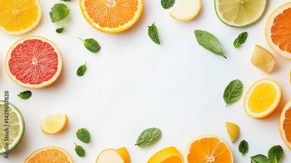 Citrus and Mint Flat Lay on White Background suitable for multimedia project components Citrus and Mint Flat Lay on White Background suitable for multimedia project components